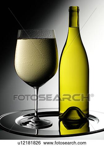Stock Photograph - White Wine Glass And Bottle - Non Exclusive. Fotosearch