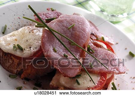 Bacon, mozzarella and tomato on toast View Large Photo Image Stock Image - Bacon, mozzarella and tomato on toast. Fotosearch