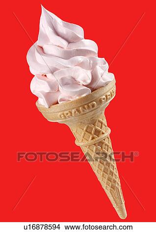 Picture - Strawberry Ice Cream Cone on Red - Non Exclusive. Fotosearch