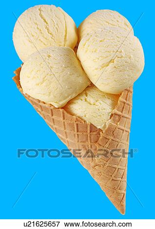 Vanilla Ice Cream Scoops In Cone on Blue - Non Exclusive View Large Photo Image Stock Photo - Vanilla Ice Cream Scoops In Cone on Blue - Non Exclusive. Fotosearch