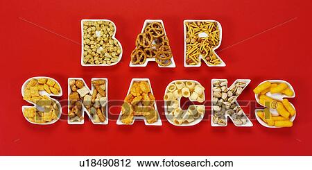 Stock Image - Bar Snacks on Red - Non Exclusive. Fotosearch
