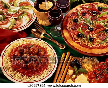 Italian pizza, spaghetti, salad View Large Photo Image Stock Photography - Italian pizza, spaghetti, salad. Fotosearch