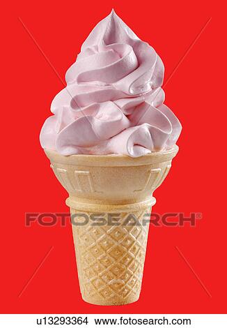 Picture - Strawberry Ice Cream Cone on Red - Non Exclusive. Fotosearch