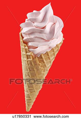 Stock Image - Strawberry Ice Cream Cone on Red - Non Exclusive. Fotosearch