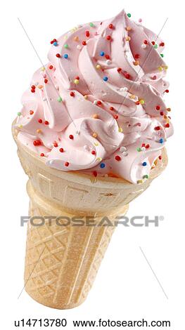 Stock Image - Strawberry Ice Cream Cone with Sprinkles on White - Non Exclusive. Fotosearch