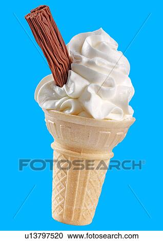 Stock Image - Vanilla Ice Cream Cone With Chocolate Flake on Blue - Non Exclusive. Fotosearch