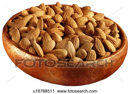 Stock Image - Bowl of Almonds on White - Non Exclusive. Fotosearch