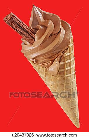 Stock Photograph - Chocolate Ice Cream Cone With Flake on Red - Non Exclusive. Fotosearch