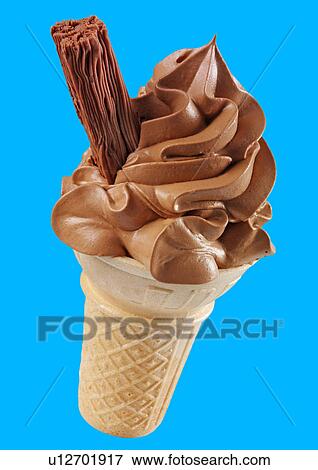 Stock Photo - Chocolate Ice Cream in Cone With Chocolate Flake on Blue - Non Exclusive. Fotosearch