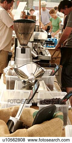 Market stall selling freshly ground Fair Trade organic coffee View Large Photo Image Stock Photo - Market stall selling freshly ground Fair Trade organic coffee. Fotosearch