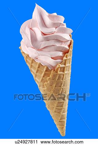 Stock Image - Strawberry Ice Cream Cone on Blue - Non Exclusive. Fotosearch