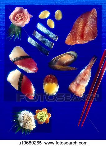 Stock Photography - Sushi on blue glass. Fotosearch
