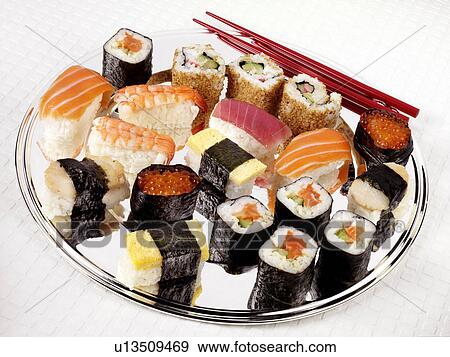 Sushi on Silver Tray - Non Exclusive View Large Photo Image Stock Photo - Sushi on Silver Tray - Non Exclusive. Fotosearch
