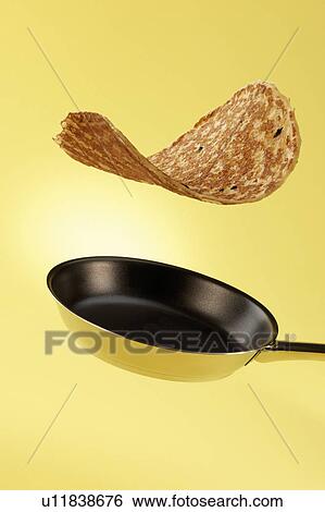 Stock Photograph - Tossed pancake and pan. Fotosearch