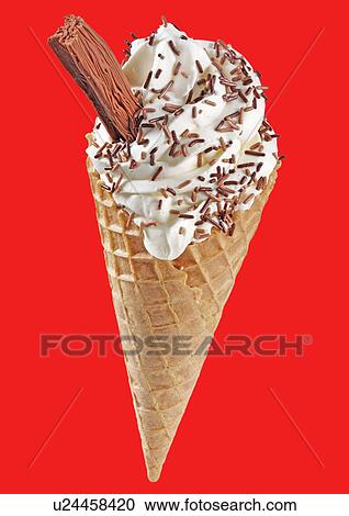 Stock Image - Vanilla Ice Cream Cone With Chocolate on Red - Non Exclusive. Fotosearch