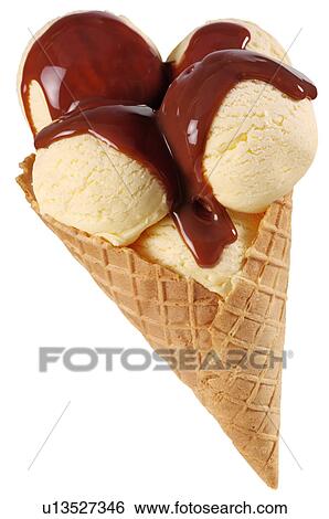 Stock Photograph - Vanilla Ice Cream Cone With Chocolate Sauce on White - Non Exclusive. Fotosearch