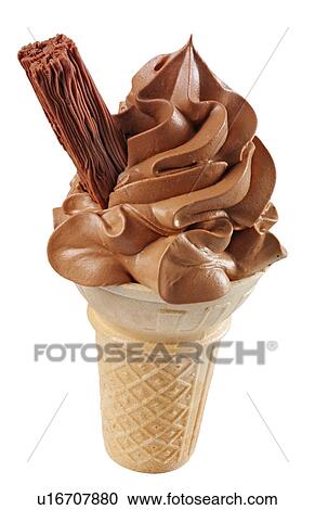 Stock Image - Chocolate Ice Cream in Cone With Chocolate Flake on White - Non Exclusive. Fotosearch