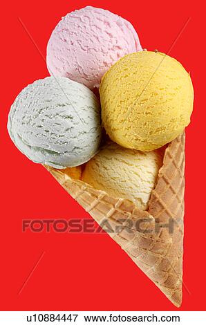 Stock Photo - Ice Cream Scoops in Cone on Red - Non Exclusive. Fotosearch