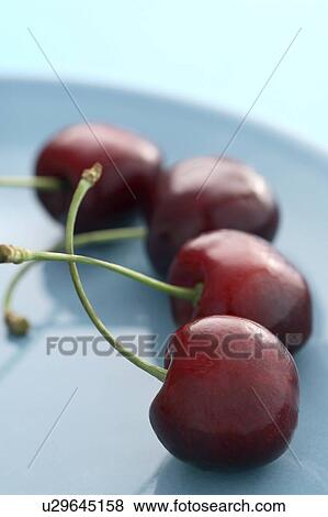 Stock Photo - red cherries on a blue plate. Fotosearch