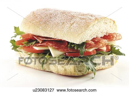Stock Photo - Salami and mozzarella ciabatta sandwich. Fotosearch