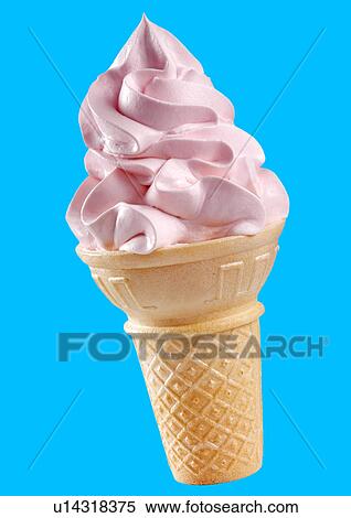 Stock Photography - Strawberry Ice Cream Cone on Blue - Non Exclusive. Fotosearch