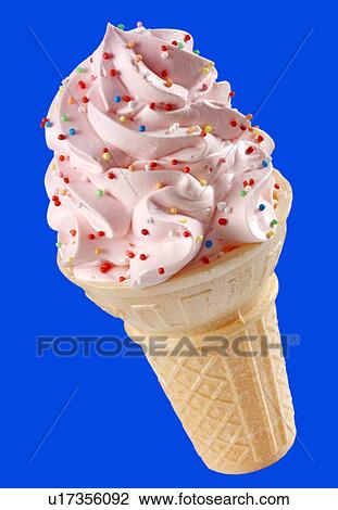 Stock Image - Strawberry Ice Cream Cone With Sprinkles on Red - Non Exclusive. Fotosearch