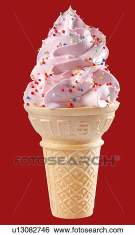 Stock Photograph - Strawberry Ice Cream Cone With Sprinkles on Red - Non Exclusive. Fotosearch