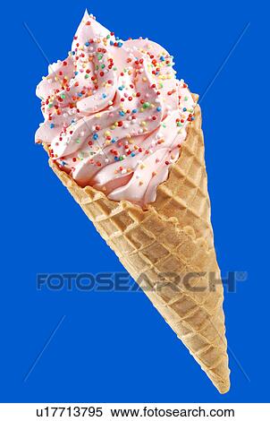 Stock Photography - Strawberry Ice Cream Cone With Sprinkles on Blue - Non Exclusive. Fotosearch