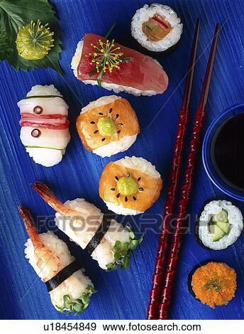 Sushi on blue wood View Large Photo Image Stock Photo - Sushi on blue wood. Fotosearch