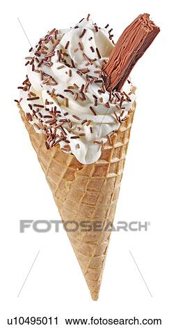 Stock Image - Vanilla Ice Cream Cone With Chocolate on White - Non Exclusive. Fotosearch