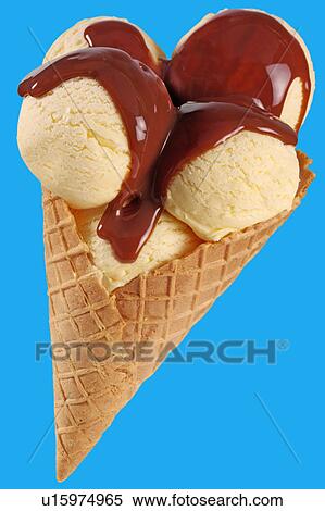 Stock Photography - Vanilla Ice Cream Cone With Chocolate Sauce on Blue - Non Exclusive. Fotosearch