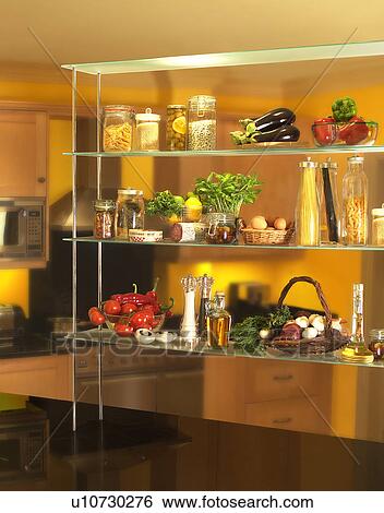 Kitchen shelves with ingredients View Large Photo Image Stock Photograph - Kitchen shelves with ingredients. Fotosearch