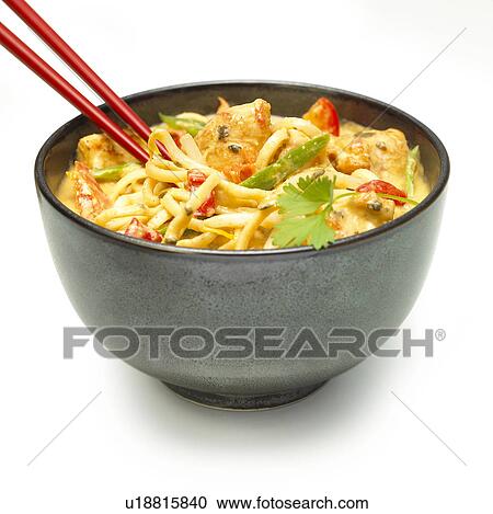 Stock Image - Red Thai Chicken Noodles. Fotosearch