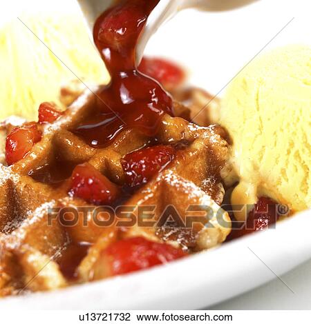 Waffle with Ice cream and Strawberries View Large Photo Image Stock Image - Waffle with Ice cream and Strawberries. Fotosearch