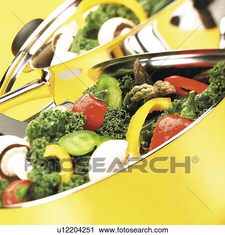 Stock Image - Yellow Pan Filled With Raw Vegetables. Fotosearch