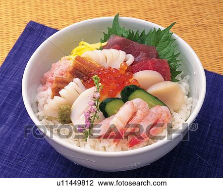 Bowl of Rice Topped with Sashimi, High Angle View View Large Photo Image Stock Image - Bowl of Rice Topped with Sashimi, High Angle View. Fotosearch