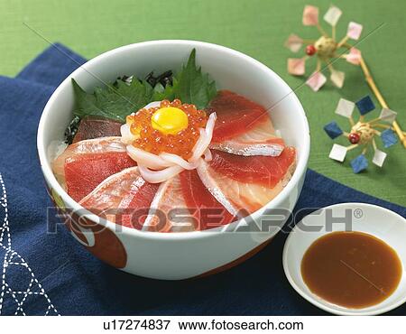 Bowl of Rice Topped with Sashimi, High Angle View View Large Photo Image Stock Photo - Bowl of Rice Topped with Sashimi, High Angle View. Fotosearch