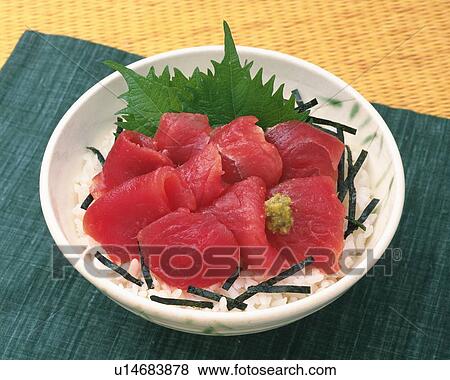 Bowl of Rice Topped with Slices of Raw Tuna, High Angle View View Large Photo Image Stock Photo - Bowl of Rice Topped with Slices of Raw Tuna, High Angle View. Fotosearch