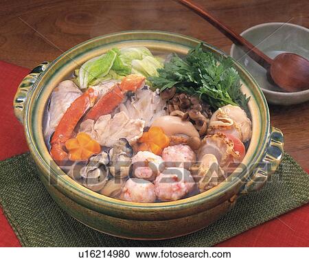 Stock Image - Chowder, One Pot Dish Cooked at the Table, High Angle View. Fotosearch