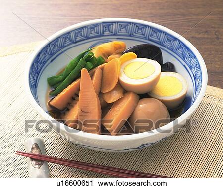 Stock Image - Japanese Cooked Dish, High Angle View. Fotosearch