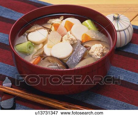 Stock Photo - Kenchinjiru, Vegetables and Tofu Soup, High Angle View. Fotosearch