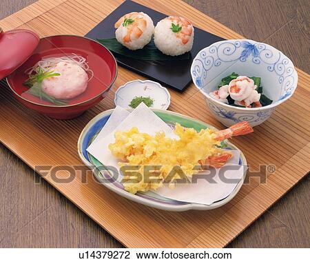 Stock Image - Prawn Dishes, High Angle View. Fotosearch