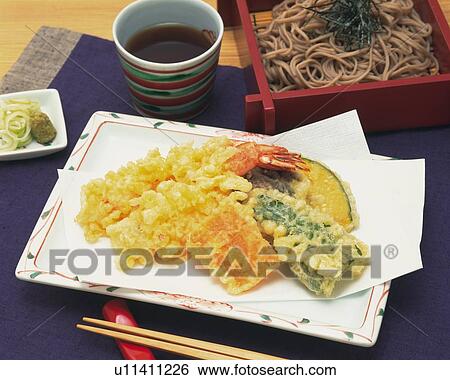 Stock Photograph - Tempura and Buckwheat Noodle, High Angle View. Fotosearch