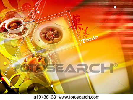 Food on plates superimposed on a yellow background View Large Illustration Drawing - Food on plates superimposed on a yellow background. Fotosearch