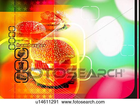Clip Art - Hamburger superimposed on a red background. Fotosearch