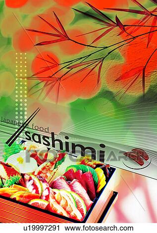 Clip Art - Sashimi on a plate superimposed on a green background. Fotosearch