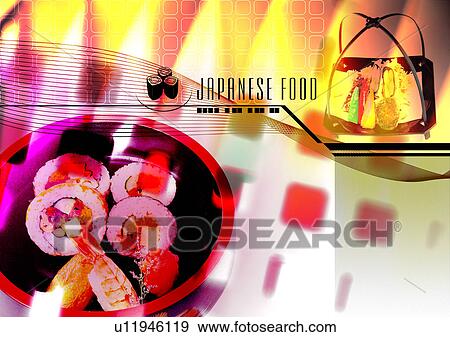 Sushi on a plate superimposed on a red background View Large Illustration Stock Illustration - Sushi on a plate superimposed on a red background. Fotosearch