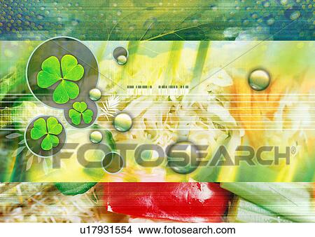Four leaf clovers superimposed on a colored background View Large Illustration Stock Illustration - Four leaf clovers superimposed on a colored background. Fotosearch