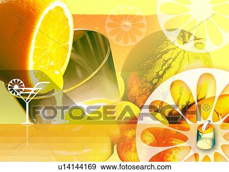 Stock Illustration - Fruit superimposed on a colored background. Fotosearch