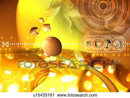 Clip Art - Mushrooms superimposed on a yellow pattern. Fotosearch